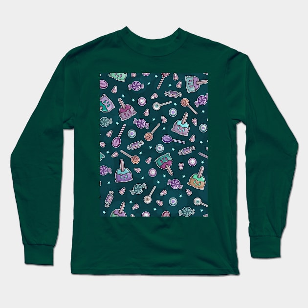 Trick or Treat Halloween Candy Collage on Teal Long Sleeve T-Shirt by ElephantShoe